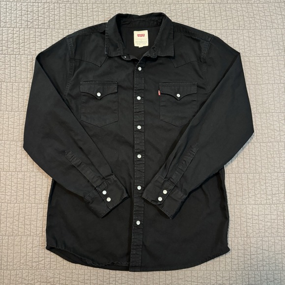 Levis Denim Pearl Snap Shirt Men Large Black Western Yoke Rodeo Ranch Heritage - Picture 1 of 10